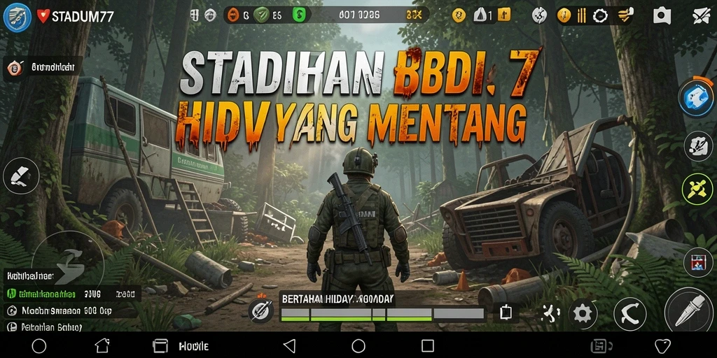 Antarmuka pengguna <strong>STADIUM77</strong> menampilkan dunia bertahan hidup yang mendebarkan.
