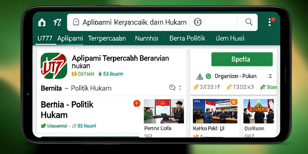 Tampilan antarmuka aplikasi UT77 yang menarik dan informatif tentang politik hukum.